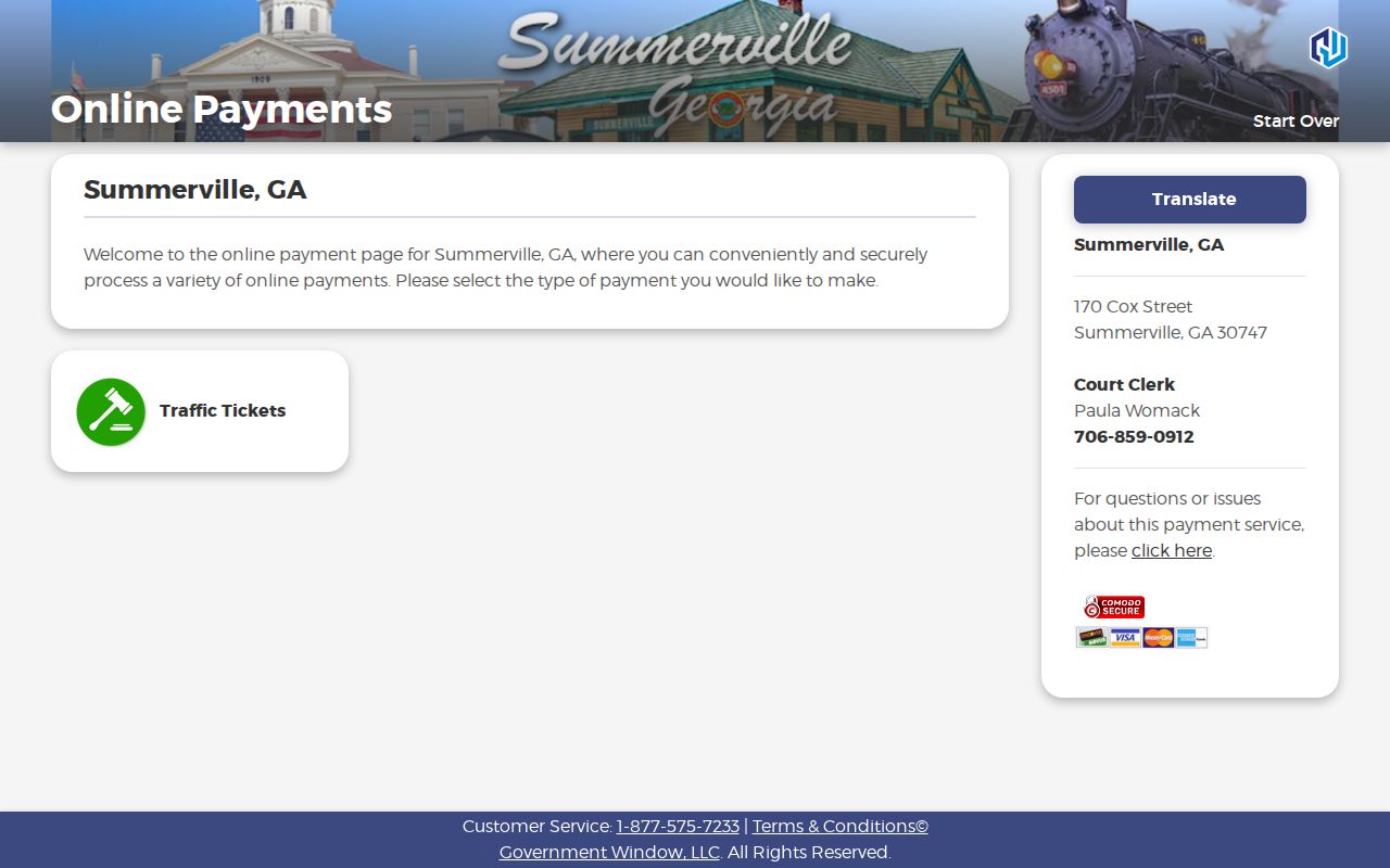 Summerville traffic ticket payment landing page used for Chattooga County warrant search routing